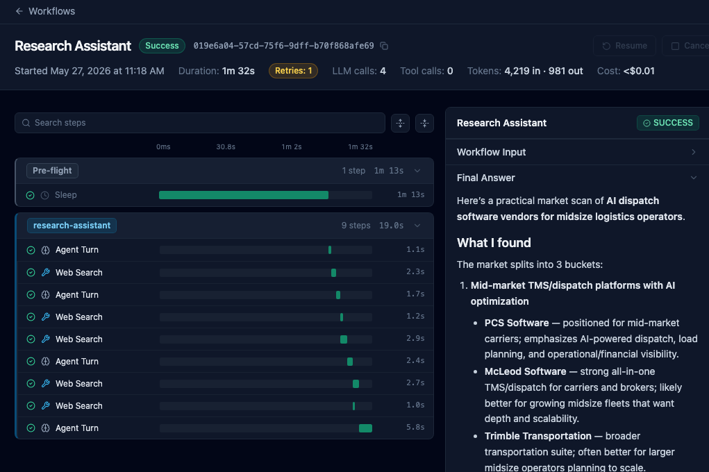 Amber dashboard inspector showing a recovered Research Assistant run