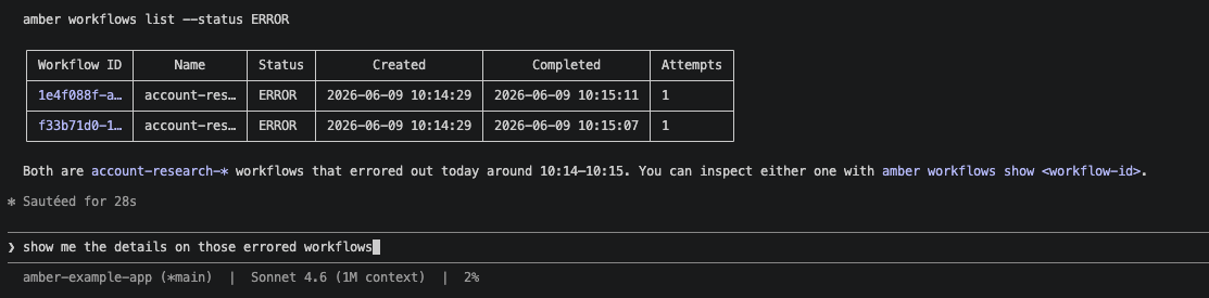 CLI debugging output showing workflow state and error context.