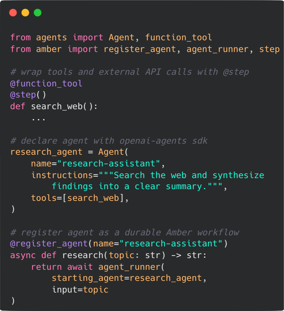 Python SDK example showing an OpenAI Agents SDK research assistant registered as a durable Amber workflow.