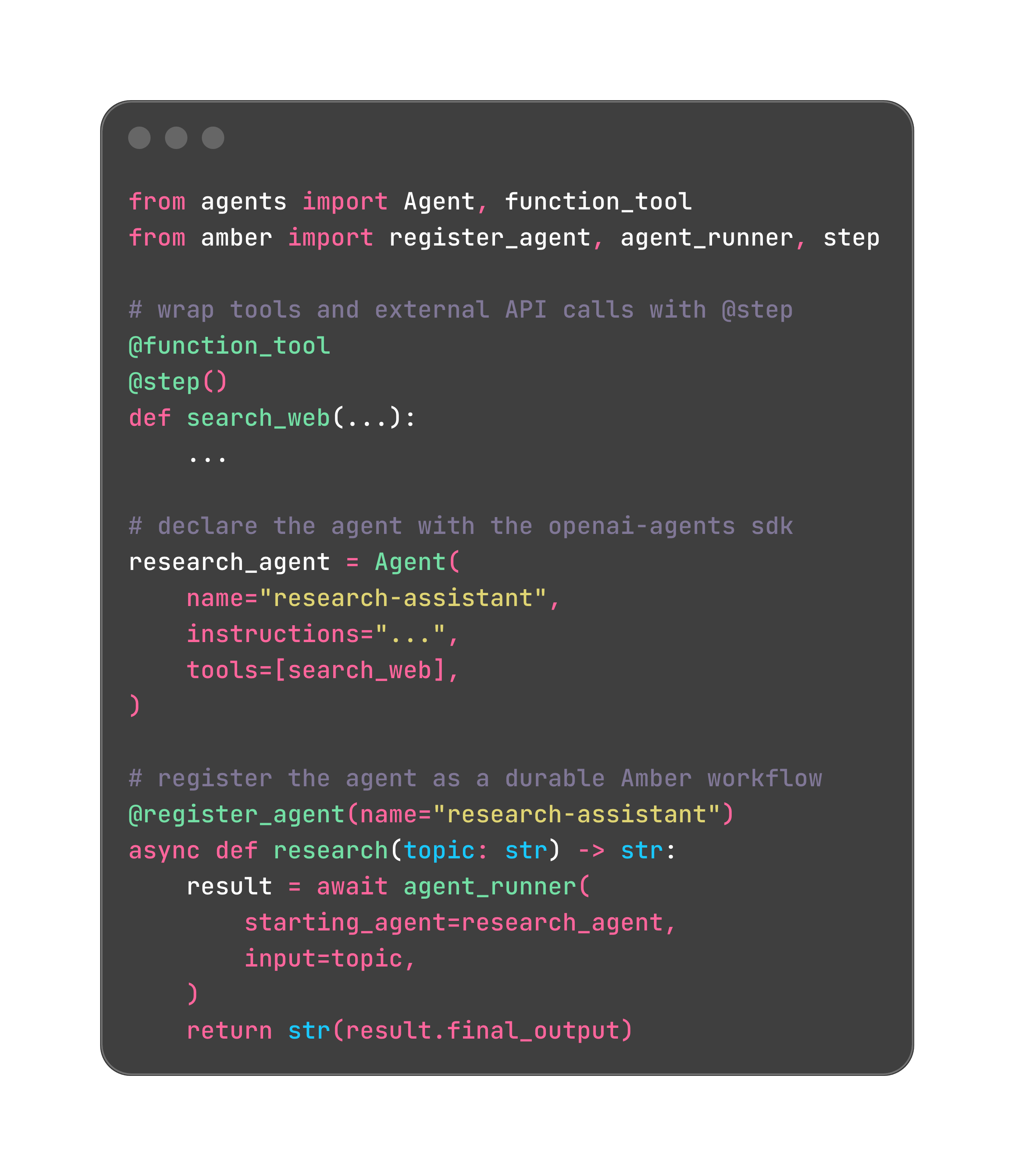 Amber SDK code snippet showing crash recovery decorators